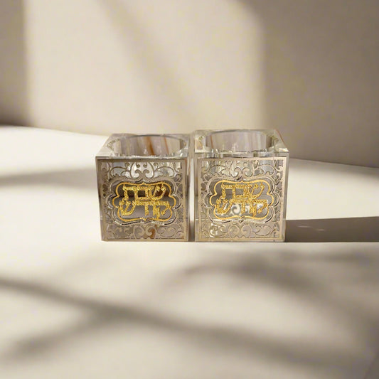 Crystal Candlesticks with Metal Plaque